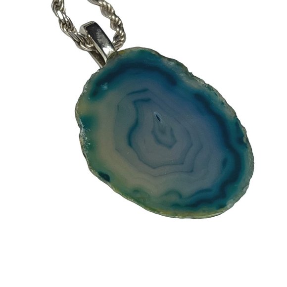 Sterling Silver Blue Agate Stone Pendant Necklace 16" - Picture 3 of 7